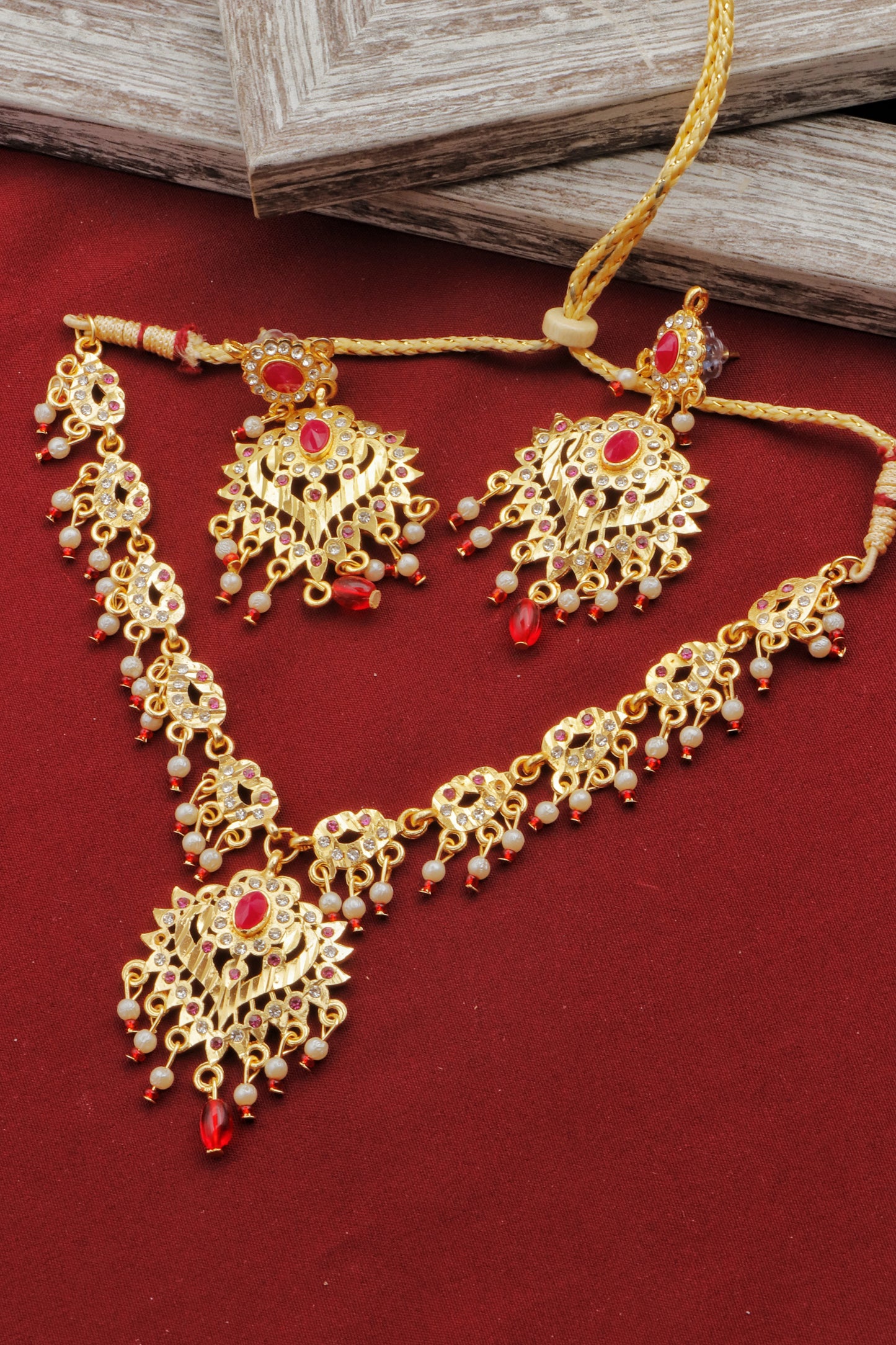 Gold Tone Multistrand Beaded Kundan Choker Necklace Earring & Ring Set