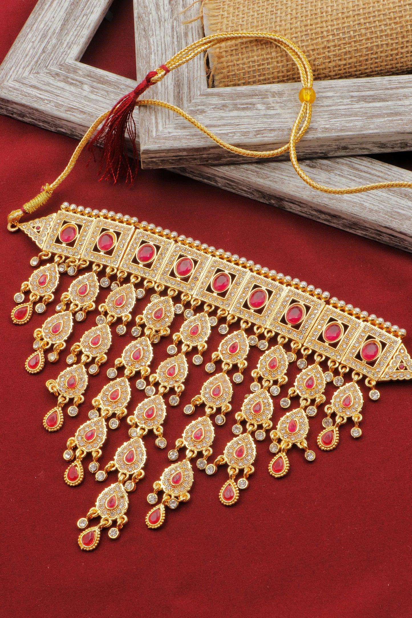 Gostar Copper Beautifully Rajasthani Aad With Sitting Stones For Women (Red Dimond)