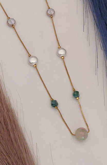 Fancy Necklace with Crystal Pearl with Green Prink and White Colors