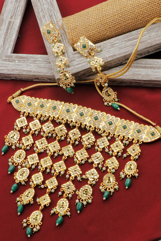 Green And White Pearls Rajputi Jewelry Set With Artificial Golden Aad