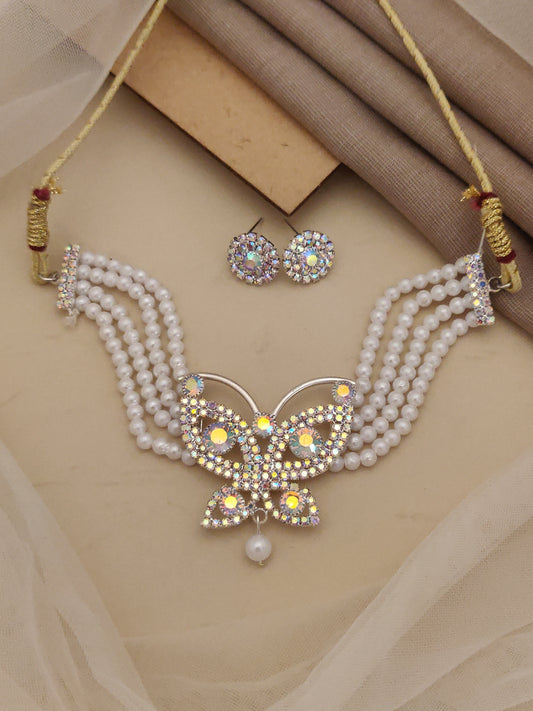 Fancy Necklace with White Motti and  Crystal Pearl with Earring