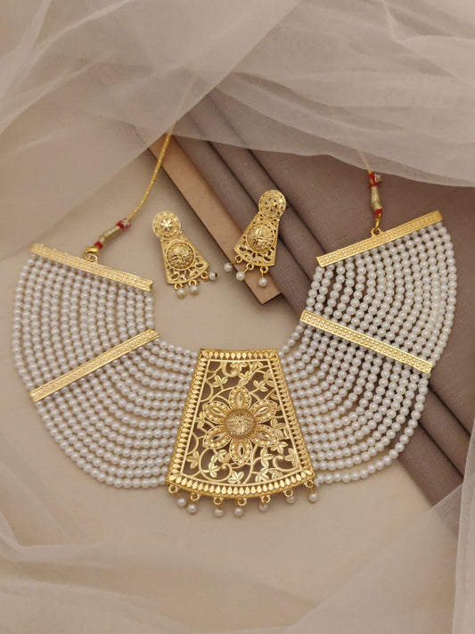 Rajvadi Necklace with Multi Layer White Motti and Earring