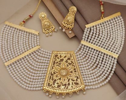 Rajvadi Necklace with Multi Layer White Motti and Earring