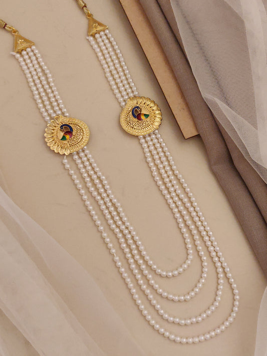 Rajvadi Necklace Cum Mala with Multi Layer White Motti and Earring